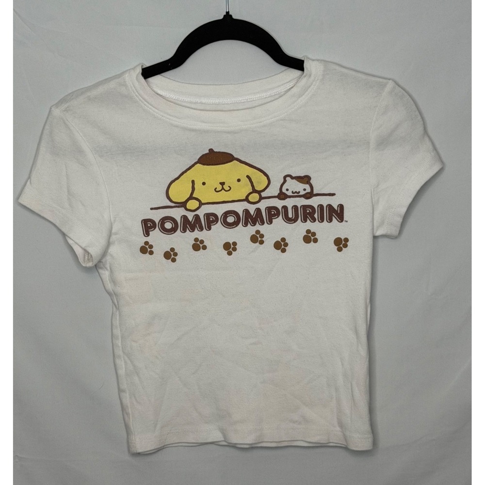 Sanrio Pompompurin Muffin Baby Tee Crop Top White Graphic Shirt Size S